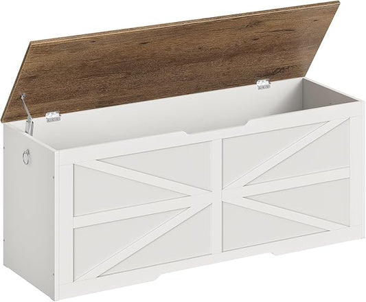 CHOEZON Storage Chest, 47.2" Wooden Storage Trunk, Modern Storage Bench with Safety Hinge, Toy Box, Farmhouse Style, for Bedroom, Living Room, Walnut and White MCW16WL