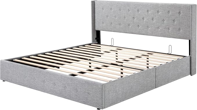 SHA CERLIN King Size Lift Up Storage Bed Frame,Button Tufted Wingback Headboard,Upholstered Platform,Hydraulic Storage,Wooden Slat Support,No Box Spring,Light Grey