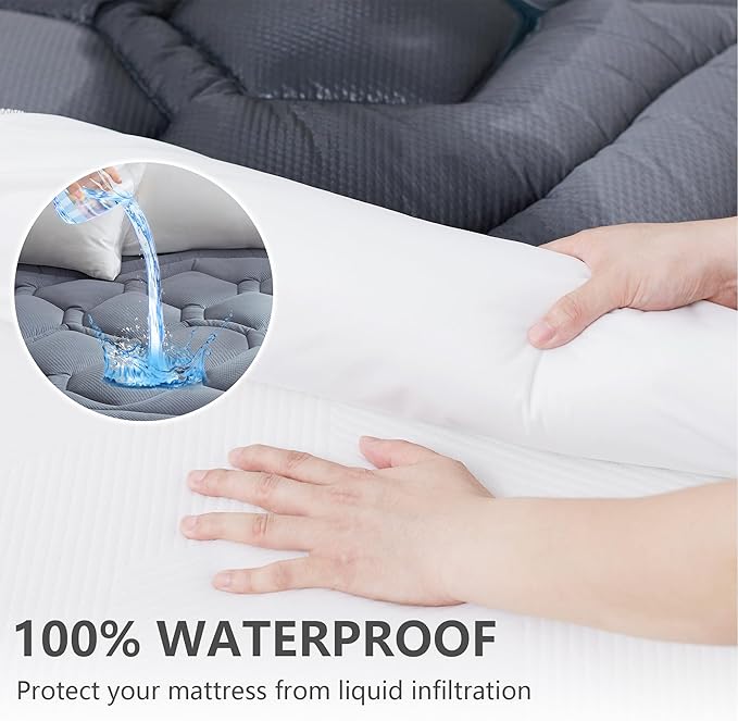 ELVEN HOME King Size Mattress Pad Waterproof, Cooling Mattress Topper Noiseless, Leak Proof Mattress Protector Deep Pocket Washable, Quilted Fitted Soft King Mattress Pad Cover (78x80 inch, Grey)