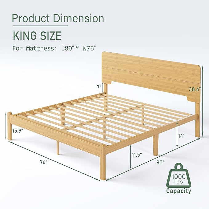 BOSRII 14in High Solid Bamboo Wood Platform King Size Bed Frame with Headboard, Reinforced Heavy Duty Metal Slats, Noise Free, No Box Spring Needed, Easy Assembly