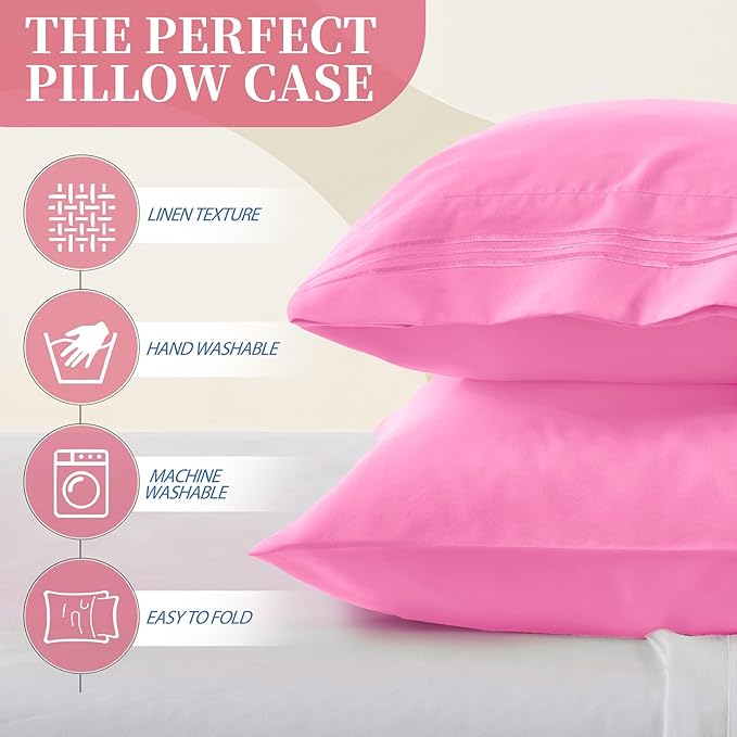 Vonty 2 Pack Standard Pillow Cases - 20x26 Inch, 1800 Thread Count Microfiber Pillowcases Standard Size Pink Pillow Cases Luxury & Soft Embroidered Bed Pillow Covers with Envelope Closure