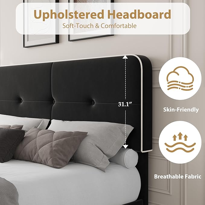 Garvee Queen Bed Frame, Velvet Upholstered Platform Bed Frames with Adjustable Headboard, No Box Spring Needed, Anti-Noise EVA Sponge, Sturdy Metal Support, Easy Assembly, Black & White Trim