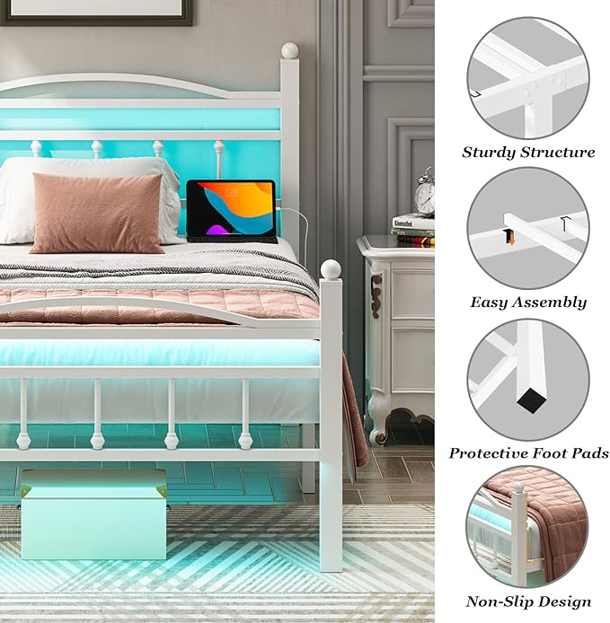 Jenmit Twin Bed Frames with Headboard, LED Bed Frame with Charging Station, Metal Platform, Under-Bed Storage, No Box Spring Needed, Noise Free, Easy Assembly, White
