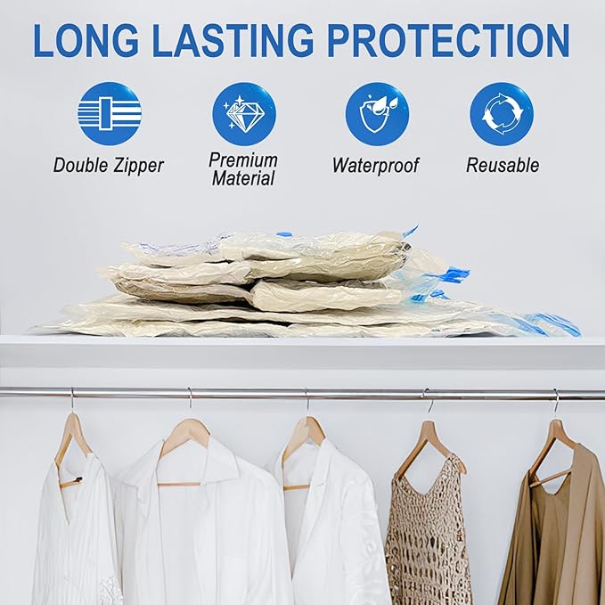 Fygrip Vacuum Storage Bags with Hand Pump, Plastic Packaging Bags, 80% Space Saver Vacuum Seal Bags for Clothing, Travel Lugggage, Blankets, Comforters, 10 Large