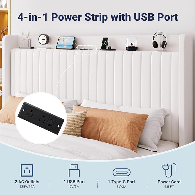 Allewie King Size Lift Up Storage Bed Frame,Storage Shelf Headboard with Charging Station,Type-C and USB Ports,Hydraulic Support,Velvet Upholstered Bed Frame,No Box Spring Needed,White