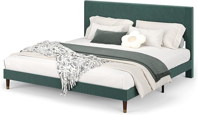 GarveeHome King Size Bed Frame with Upholstered Headboard and Strong Wooden Slats Support, Soft Corduroy Fabric Platform Bed, No Boxing Spring Needed, Easy Assembly, Dark Green
