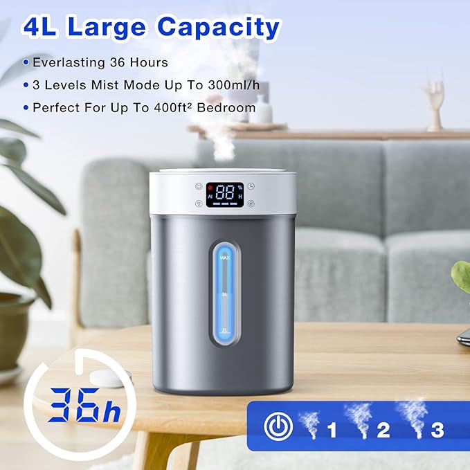 Stainless Steel Humidifier for Bedroom & Large Room,4L Easy to Clean Cool Mist Humidifier, Mold Free & Dishwasher Safe Water Tank, Essential Oil Diffuser for Baby Nursery, Plants, Home
