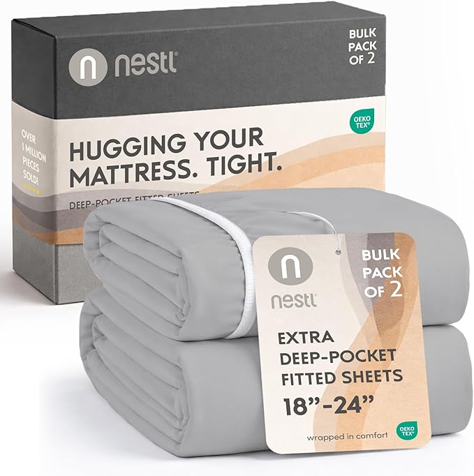 Nestl 2 Pack Light Grey Fitted Sheet Extra Deep Pocket, Hotel Luxury TwinFitted Sheet Only Easily Fits 18 to 24 Inch Mattress, Super Soft, Wrinkle-Free and Breathable with Corner Straps