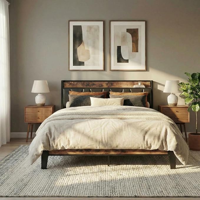 LIKIMIO Queen Bed Frame, Storage Headboard with Charging Station, Solid and Stable, Noise Free, No Box Spring Needed, Easy Assembly (Vintage and Black)