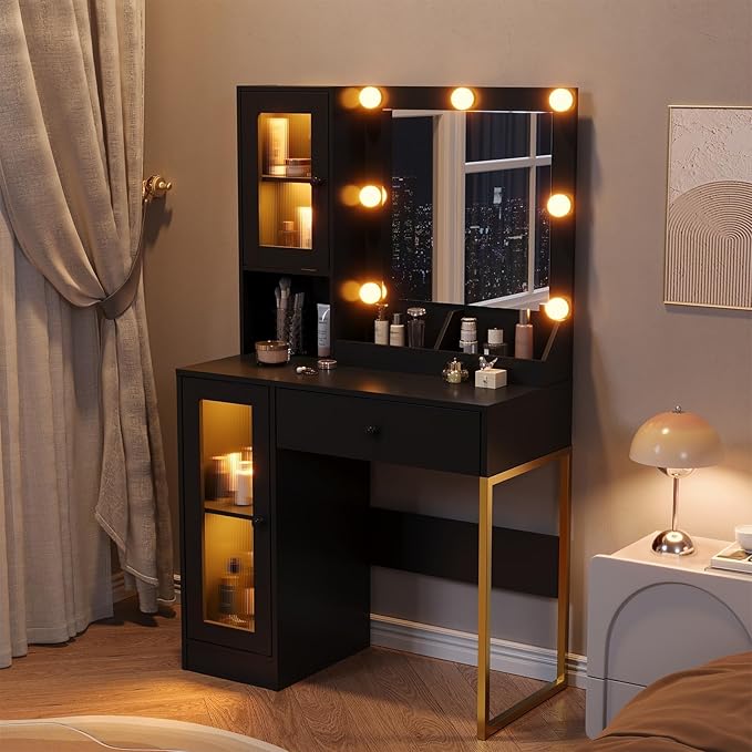 IDEALHOUSE Makeup Vanity Desk with Mirror and Lights, Vanity Table with Charging Station, 2 Open Compartments, 2 Acrylic-Door Cabinets, and RGB Lights Wood Dressing Table for Bedroom