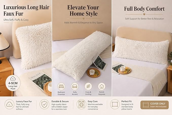 Reafort Luxury Long Hair, PV Fur, Faux Fur Body Pillow Cover/Case 21inx54in with Hidden Zipper Closure (Cream, 21inX 54in Pillow Cover)