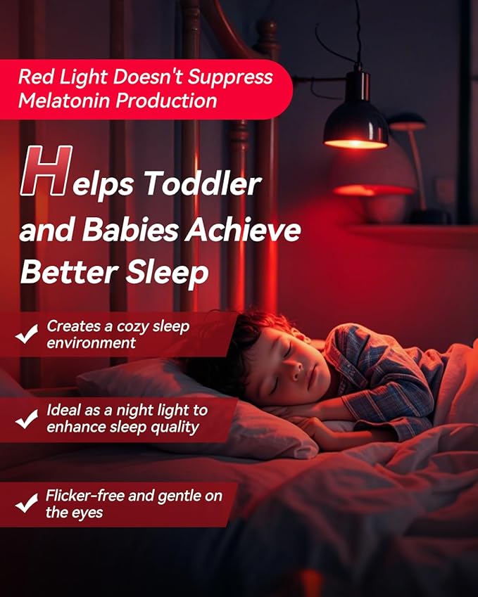 Neporal 3W 625nm Red Light Bulbs for Sleep, 100% Blue Light Blocking Bulb, Red Light Night Light for Melatonin Promoting, A19 40W Equivalent Dim Light Bulbs for Bedroom, Baby Nursery,6 Pack