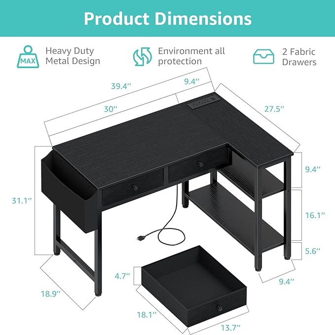 DLisiting Black Corner Desk for Small Space with Drawers, Reversible Gaming L Shaped Computer Desk with Storage Shelves for Boys, Corner Work Study PC Desks for Bedroom