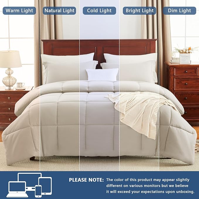 CozyLux Full Size Comforter Sets - 270GSM Beige Bedding Sets for All Seasons, 3 Pieces Box Stitched Bed Set with 1 Down Alternative Comforter and 2 Pillow Shams, Soft, Lightweight, Breathable
