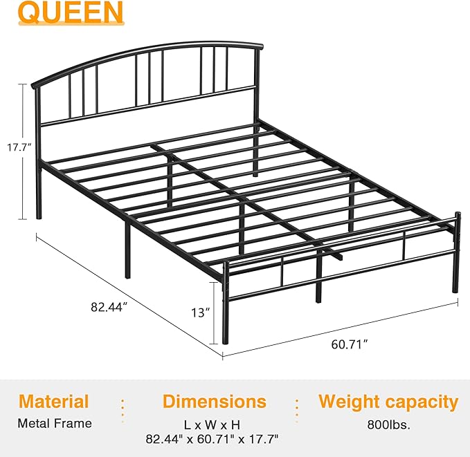VECELO Queen Bed Frame with Headboard and Footboard, 14 Inch Metal Platform Mattress Foundation, Sturdy Premium Steel Slat/No Box Spring Needed