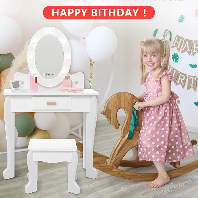 GarveeHome Kids Vanity with Lighted Mirror, Toddler Vanity Table and Chair Set, Girls Makeup Playset, Pink