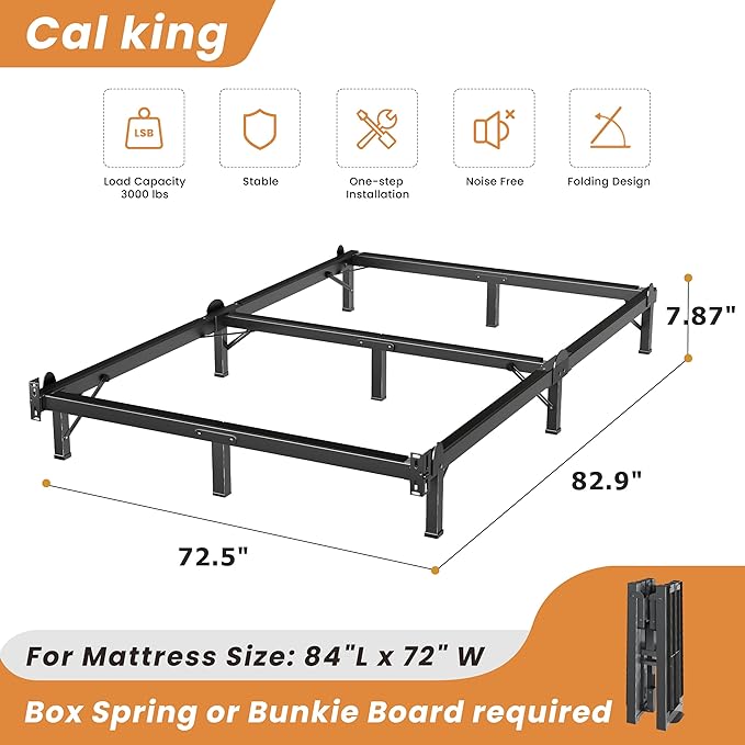 MAF Metal Bed Frame Cal King 8 Inches, 9-Legs Support Bed Base, California King Bed Frame for Box Spring and Mattress, Basics Bed Frame Headboard Attachable Tool-Free Easy Assembly, Black