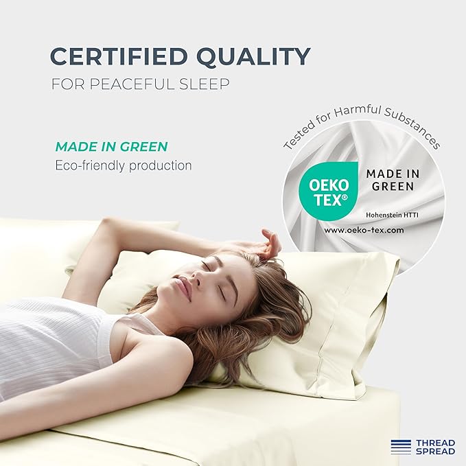 THREAD SPREAD 100% Egyptian Cotton Sheets Queen Size - Luxury 1500 Series Queen Sheet Set Egyptian Cotton (4 PC, Ivory), Silky Soft, Sateen Weave, Cooling & Breathable, 17" Deep Pocket Bed Set