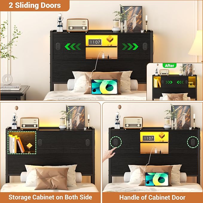 Homieasy Twin Storage Headboard with Sliding Doors, Bookcase Head Board with Charging Station & Smart LED Light, Headboard Only for Twin Bed, Wood Headboards with Bookshelf