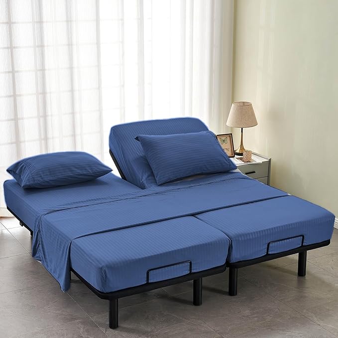 Kingnex Striped Split California King Sheets Sets for Adjustable Bed with Deep Pocket 5 Pieces Include 2 Cali Twin XL Fitted Sheets 1 Flat Sheet 2 King Size Pillowcases Navy