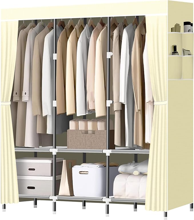 LOKEME Wardrobe Closet,Portable Closet for Bedroom Steel Pipe Diameter 19mm Strong and Sturdy Beige Portable Closets for Hanging Clothes with 3 Hanging rods, 6 Storage Shelves and Side Pocket