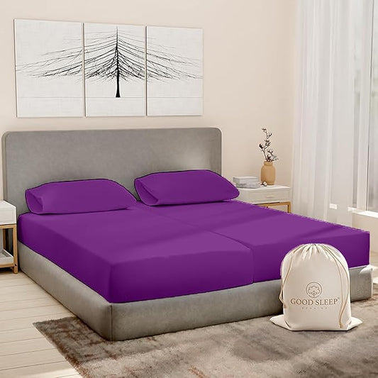 Good Sleep Bedding Split King Sheets Sets for Adjustable Bed, 5 Piece, 100% Egyptian Cotton Sheets for Adjustable Beds, Sateen Weave, Ultra-Soft, 16" Deep Pocket BedSheets - Purple