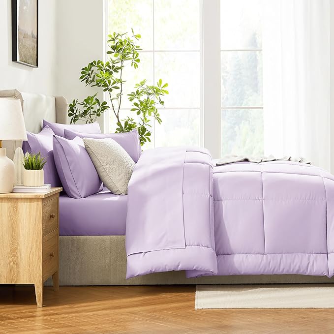 CozyLux King Size Comforter Set Lavender, 7 Pieces Bed in a Bag, Light Purple Comforter King Size, All Season Bedding Sets with Stitch Quilted Comforter, Flat Sheet, Fitted Sheet, Pillowcases