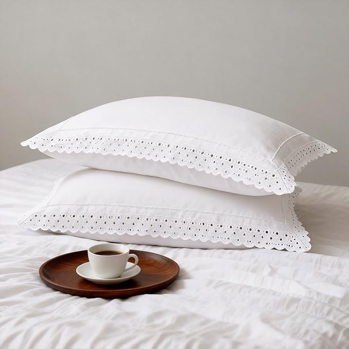 CHUFFED 100% French Linen Pillowcases with Embroidery Lace,French Vintage Style Stone Washed Breathable Pillow Covers Standard Size Set of 2 with Envelope Closure for Decor,20x26 inches, White
