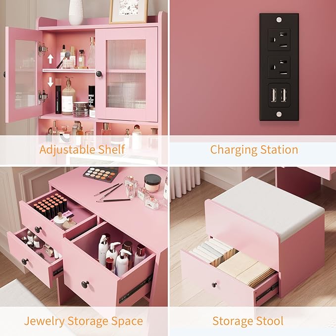 GarveeLife Compact Vanity, Make Up Vanity Desk with Mirror and Lights, White Vanity Table Set with Charger Station,Girls Small Vanity and Storage Chair