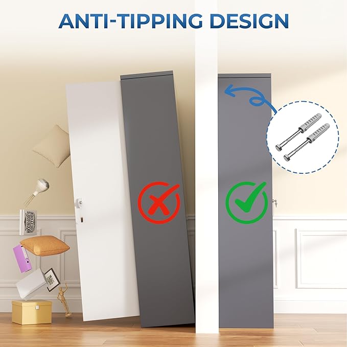 INTERGREAT Metal Storage Cabinet,72 Tall Armoire Wardrobe Closet with Doors,Grey White Storage Locker Cabinets with Adjustable Shelves and Removable Hanging Rods