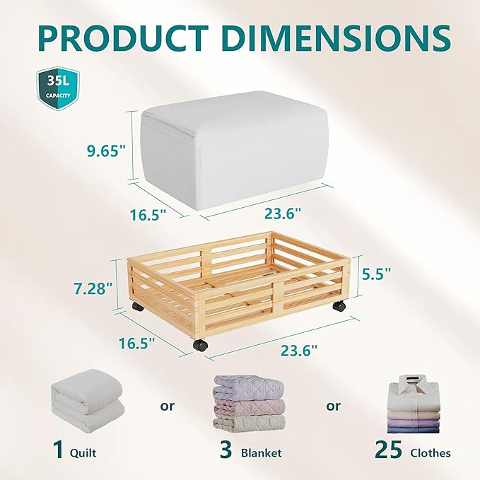 Wisuce Bamboo Under Bed Storage Containers- Underbed Organizer with Wheels with Dust Bag,Sturdy Wood Rolling Under the Bed Shoe Storage Organizer Drawers (Nature, 2 Pack (23.62"×16.54"))