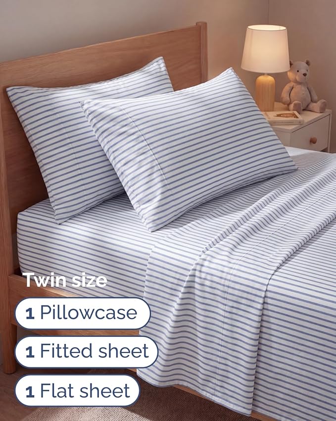 Twin 4 Piece Sheet Set - Comfy, Breathable & Cooling - Soft Hotel Luxury Bedding for Women, Men, Kids, Teens and Children - 1 Flat & 1 Fitted Sheet & 2 Pillowcases with Deep Pockets - Blue Stripes 2