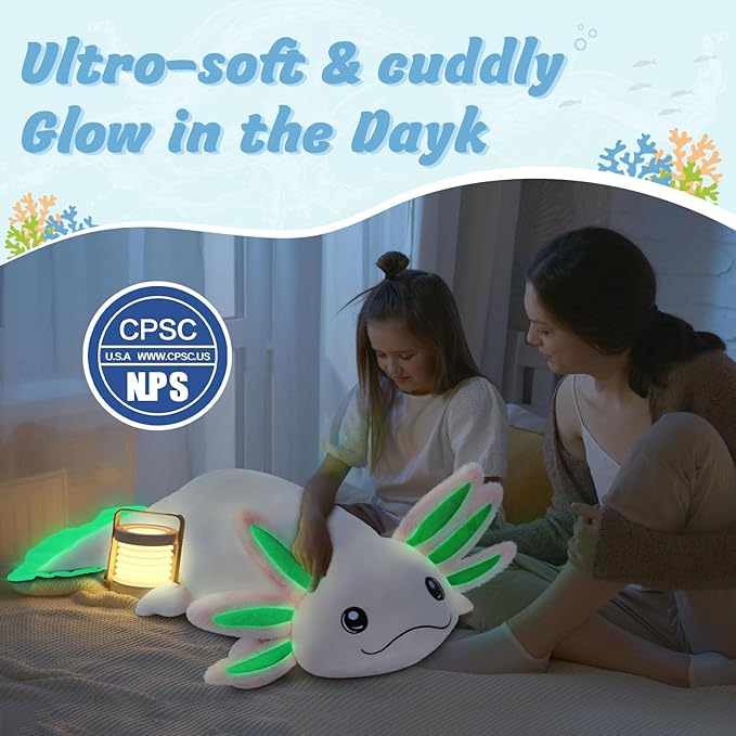 MaoGoLan Giant Glow in the Dark Axolotl Plush Pillow – 48'' Pink Axolotl Stuffed Animal, Hugging Salamander Plush Toy for Kids Girl Boy, Large Salamander Body Pillow Birthday Gift Baby Shower Decor