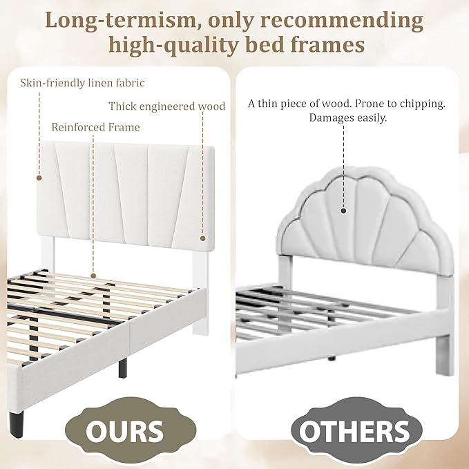 Twin Size Upholstered Platform Bed Frame with Adjustable Headboard for Kids, Fits 8-14 Inch Mattress, Heavy Duty Bed Frame with Wooden Slats Support, Noise-Free, Non-slip, No Box Spring Needed