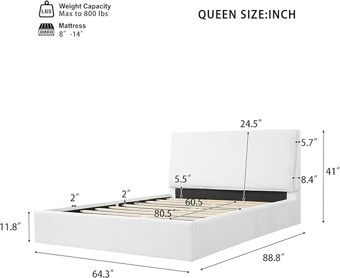 Christopher Knight Home Jamaiya Boucle Upholstered Queen Size Bed Frame with Headboard, Modern Queen Bed Frame and Headboard, Wooden Slats Support, Easy Assembly, No Box Spring Needed, White