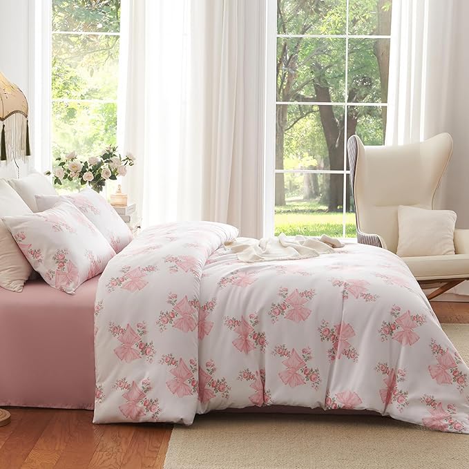 Nayoroom Pink Bow Duvet Cover Queen Size Coquette Pink Floral Duvet Cover 3 Pieces Soft Lightweight Microfiber Girls Cute Aesthetic Dorm Bedding Set