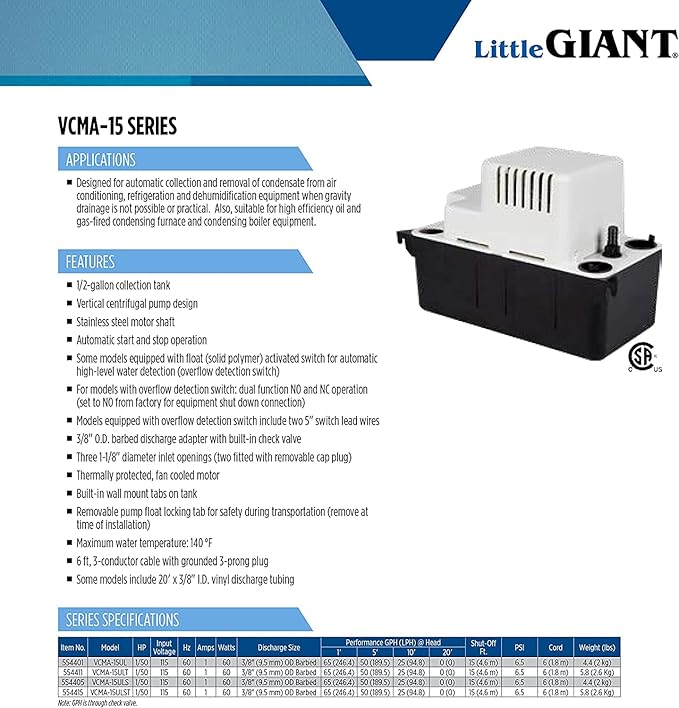 Little Giant VCMA-15UL 115 Volt, 65 GPH, 1/50 HP Automatic Condensate Removal Pump for HVAC/Refrigeration Systems/Dehumidifiers (no safety switch), 6-Foot Cord, Black/White, 554401