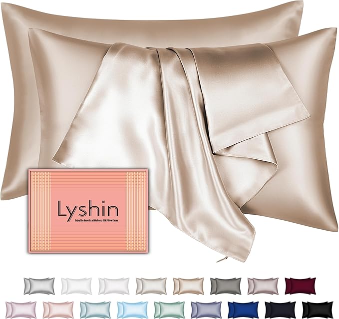 Silk Pillow Cases 2 Pack Queen Size with Hidden Zipper, Mulberry Silk Pillowcase for Hair and Skin, Smooth and Soft Breathable Cooling Silk Satin Pillowcase Set of 2, Gifts for Women，Champagne