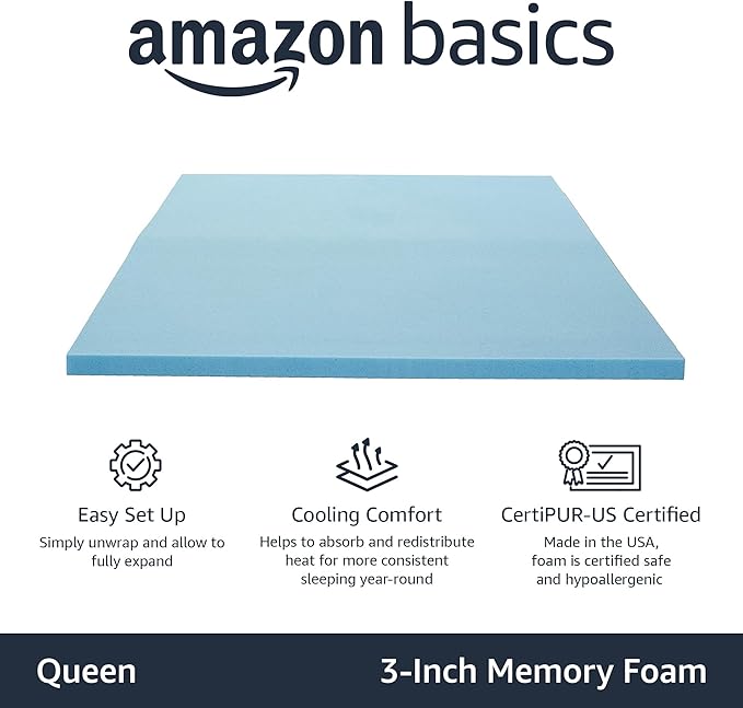 Amazon Basics Cooling Gel-Infused Memory Foam Mattress Topper for Better Sleep Support, CertiPUR-US Certified, 3 inches, Queen, Blue