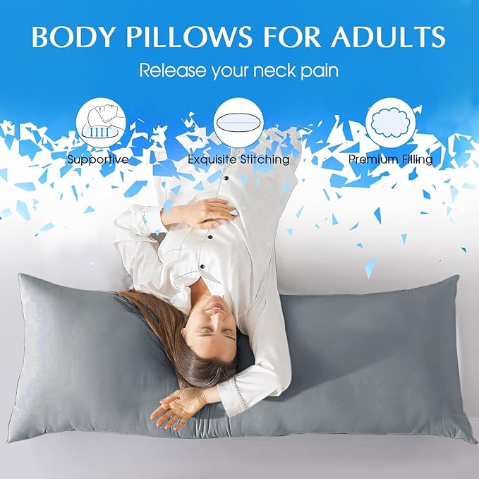 SHOUREN Cotton Body Pillow Insert - Cooling Breathable Full Body Pillow for Side Sleeper - Soft Long Bed Pillow for Adults - 20 x 54 inch-Gray