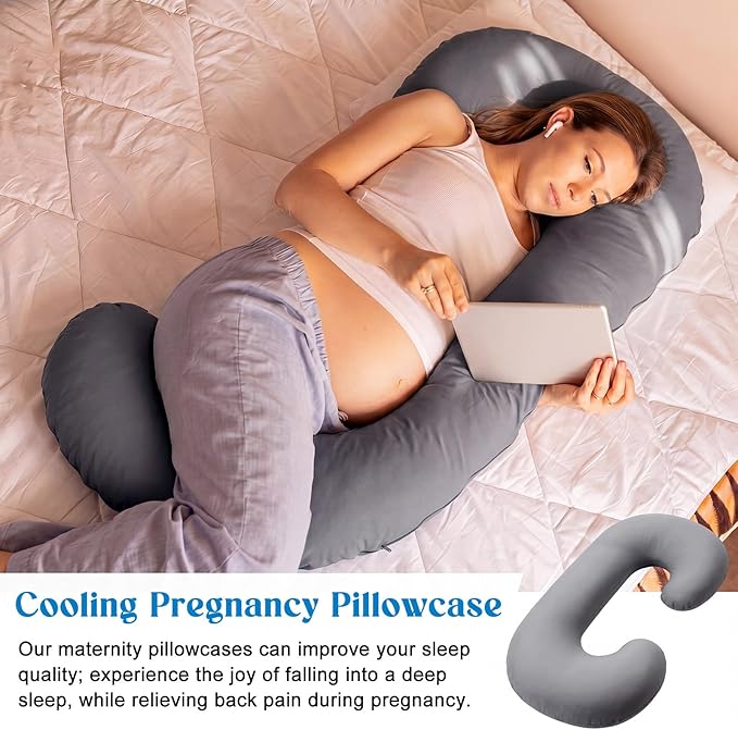 Hahafelt Cooling Pregnancy Pillow Cover (Only Pillowcase) 59 Inch Large C Shaped Full Body Pillowcase Maternity Stretchy Soft Breathable Cool Pillow Cover with Zipper for Side Sleeper (Dark Gray)
