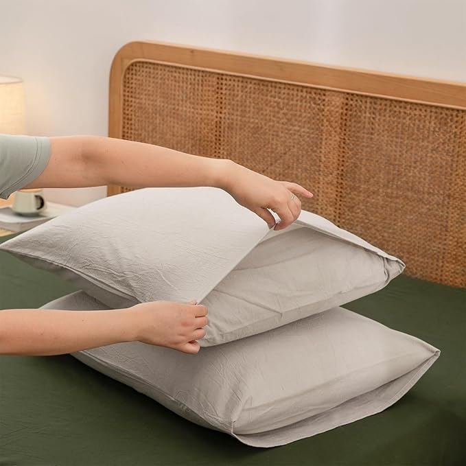 BESTOUCH 100% Washed Cotton Pillowcase for Hair and Skin Linen Feel Soft Comfortable Breathable 2 Set Pillow Case with Envelope Closure Solid Linen Grey Standard 20x26 Inches