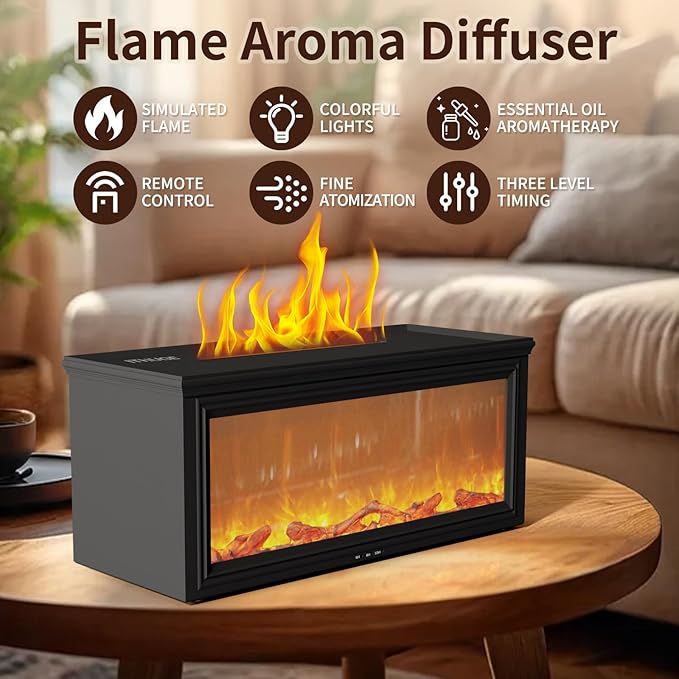 Fireplace Flame Air Diffuser Humidifier 280ml with Remote Control,7 Colors Aromatherapy Essential Oil Diffuser,Ultrasonic Aroma Humidifier with Timer for Home,Bedroom,Office,Yoga, White