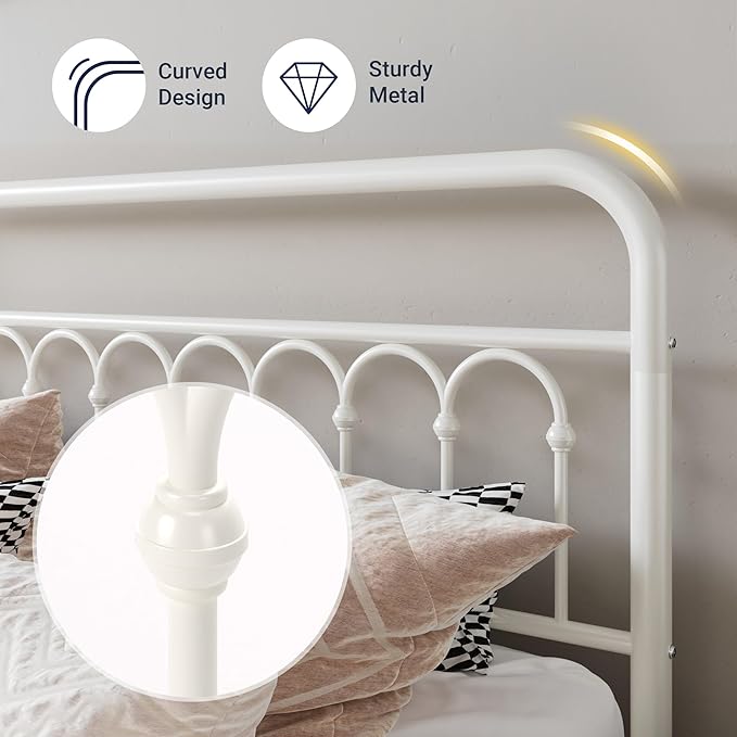Allewie 14 Inches Full Size Metal Platform Bed Frame with Victorian Style Curved Iron-Art Headboard/Footboard, Easy Assembly, Under Bed Storage, No Box Spring Required, Cream White