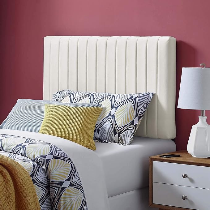 Modway Keira Channel Tufted Performance Velvet Upholstered Twin Headboard in Ivory