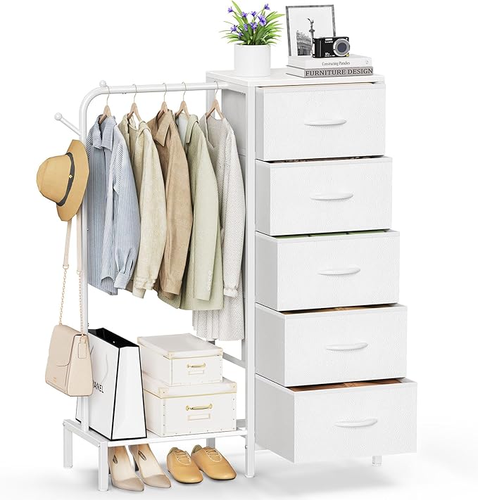 Snughome Dresser with Hanging Rack, Clothes Hanging Rack with 5 Drawers, White Dresser with Clothes Rack, Fabric Storage Chest of Drawers, Small Dresser for Bedroom, Apartments, Entryway Living Room