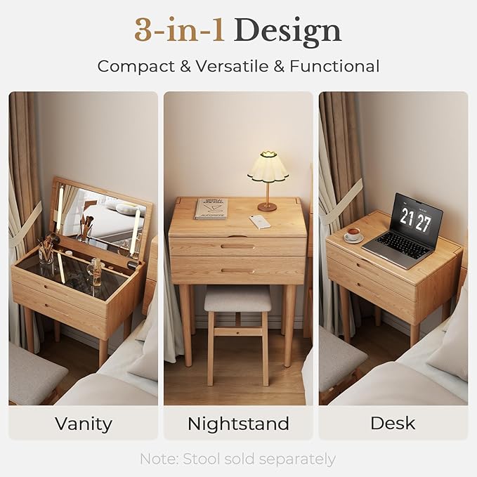 Muwuele Solid Wood Small Vanity Desk with Mirror and Lights, Narrow Makeup Vanity for Small Space, Flip Top Vanity Side Table, 3 Color Modes & Adjustable Brightness, 23.6" Slim Dressing Table, Natural