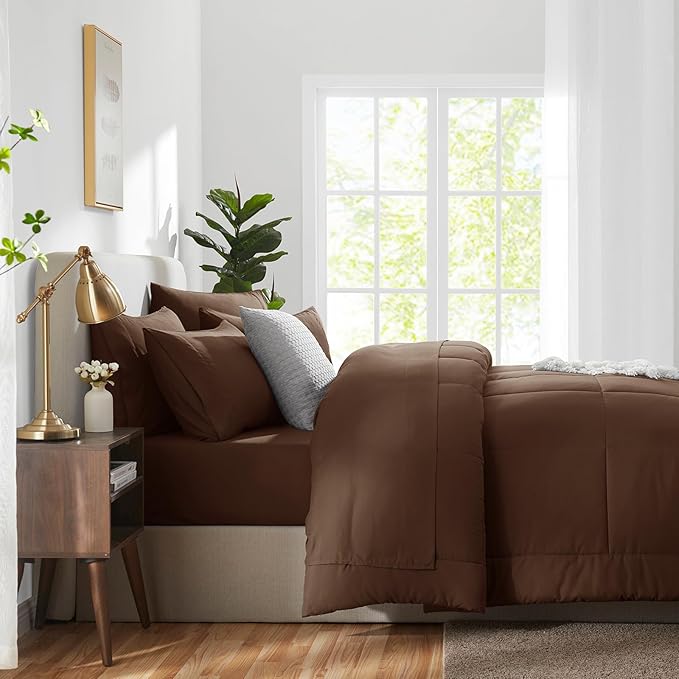 CozyLux Twin XL Comforter Set Brown, 5 Pieces Twin Extra Long Bed in a Bag for College Dorm, All Season Bedding Set with Stitch Quilted Comforter, Flat Sheet, Fitted Sheet, Pillowcases