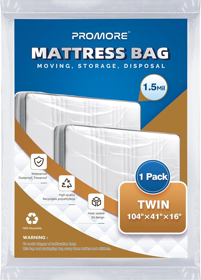 Plastic Mattress Bag for Disposal Moving or Storage - Twin/Twin XL Size (1.5Mil), Waterproof Mattress Protector Covers for Moving Supplies