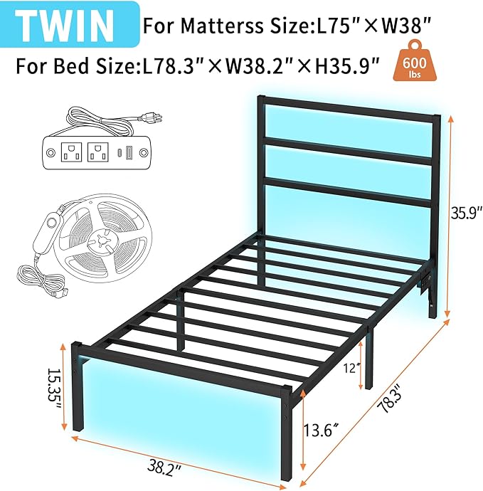 CLIBFENG Twin Bed Frame with Headboard,Heavy Duty Steel Slats Support-LED Bed Frame with USB Charging Station,Mattress Foundation-Under Bed Storage,No Box Spring Needed,Noise Free，Black